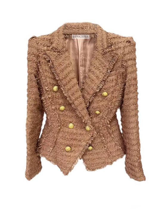 Brown Gold Button Tweed Blazer With Raw Edges