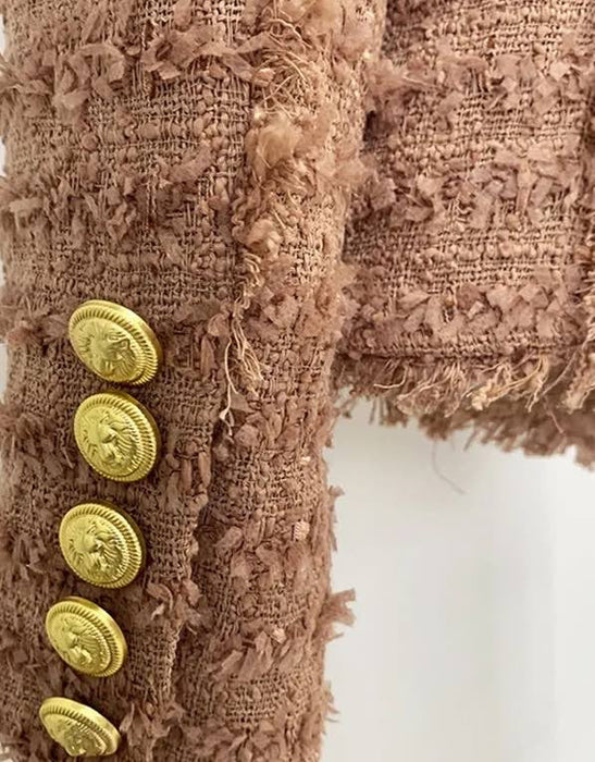 Brown Gold Button Tweed Shorts With Raw Edges