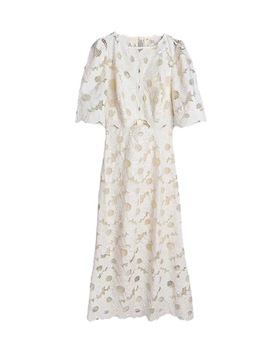 White Flower Embroidery Long Dress - BEYAZURA.COM