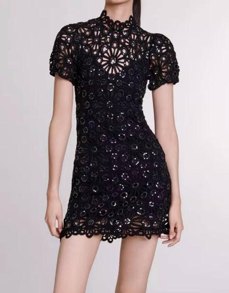 Black Sequin Embroidery Mini Dress - BEYAZURA.COM