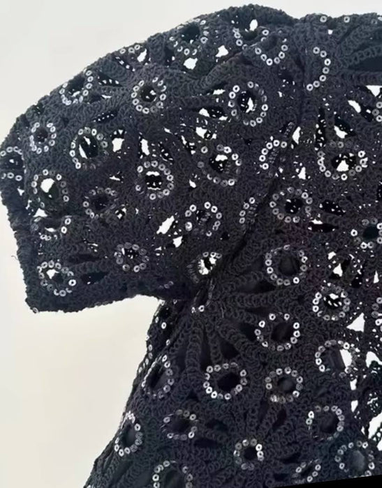 Black Sequin Embroidery Mini Dress - BEYAZURA.COM