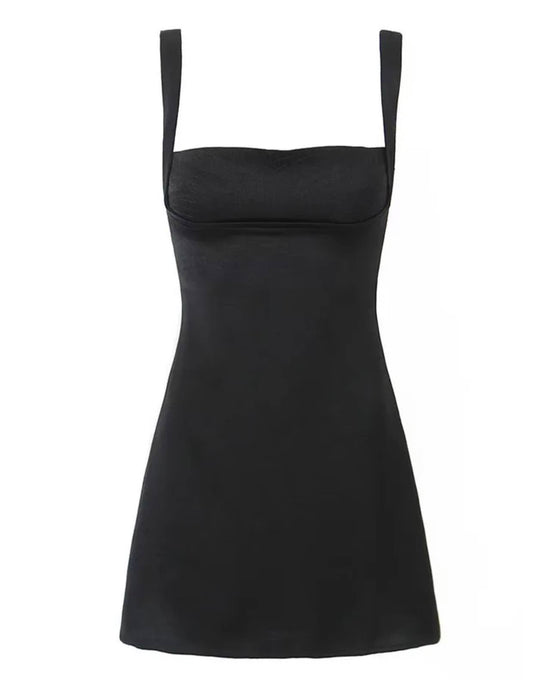 Square Collar Embroidered Bust Short Black Dress - BEYAZURA.COM