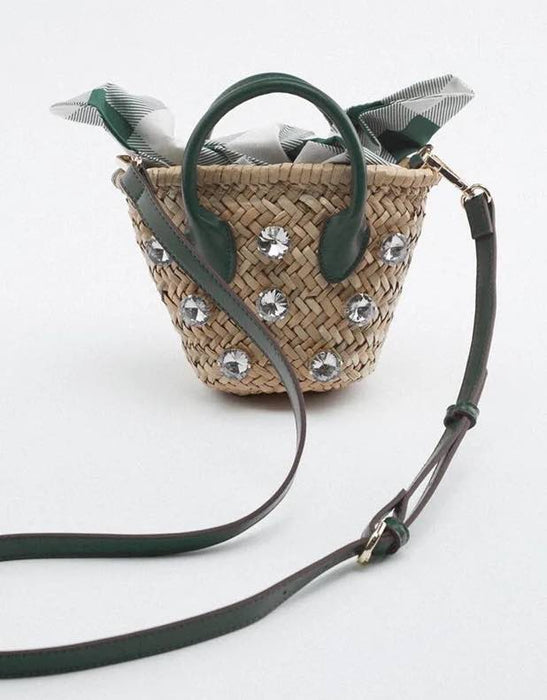 Diamond Straw Mini Bucket Bag