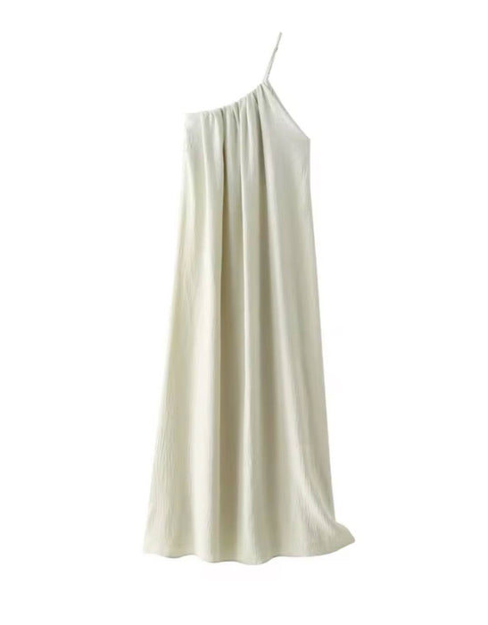 Beige Asymmetric Neck Loose Long Dress - BEYAZURA.COM