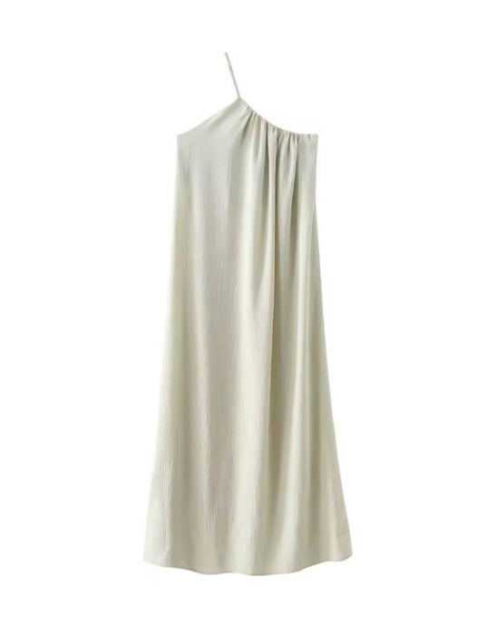 Beige Asymmetric Neck Loose Long Dress - BEYAZURA.COM