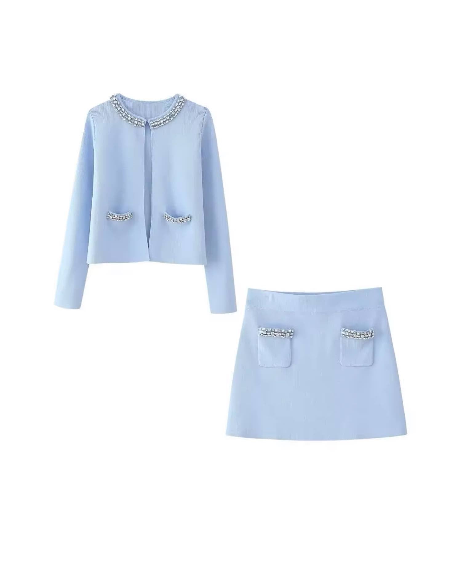 Light Blue Crystallized Knitted Skirt Cardigan Set Beyazura