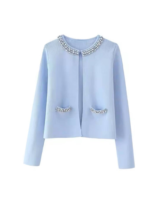 Light Blue Crystallized Knitted Skirt Cardigan Set - BEYAZURA.COM