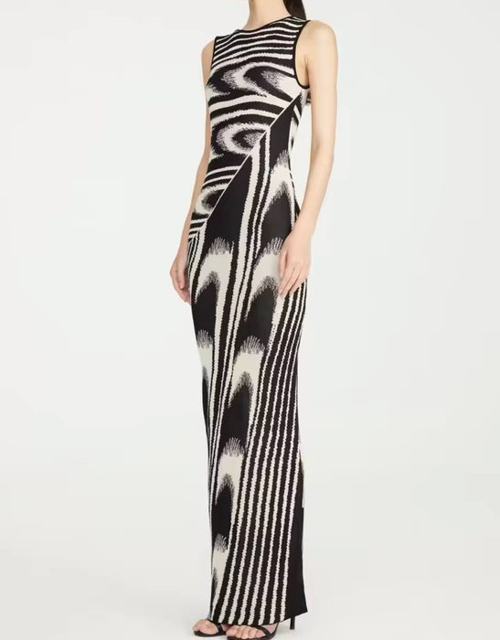 Abstract Pattern Knit Long Dress - BEYAZURA.COM