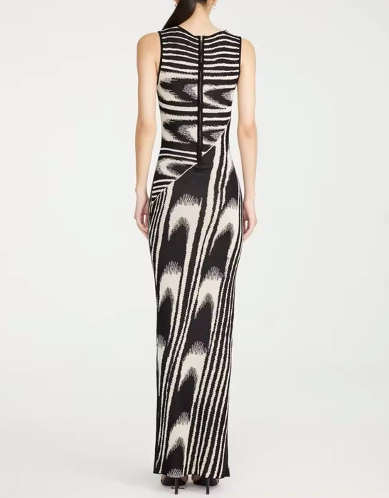 Abstract Pattern Knit Long Dress - BEYAZURA.COM