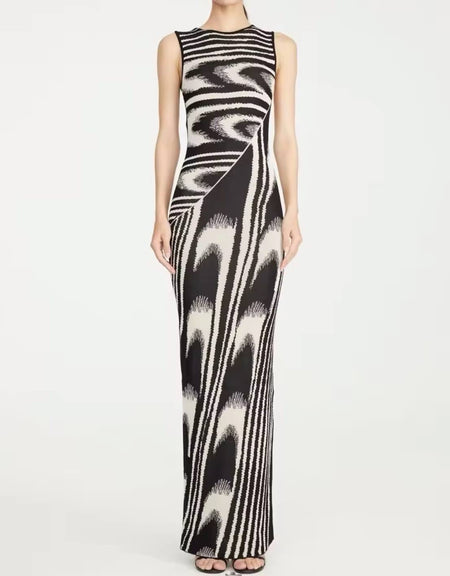 Abstract Pattern Knit Long Dress - BEYAZURA.COM