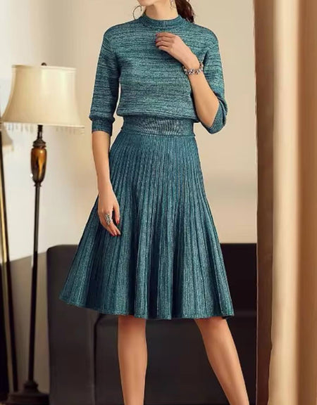 Elegant Knitted Midi Skirt And Long Sleeve Top Set - BEYAZURA.COM