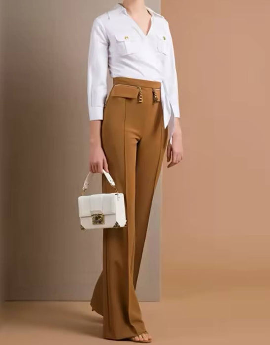 High Waisted Flared Trousers With Chains - BEYAZURA.COM