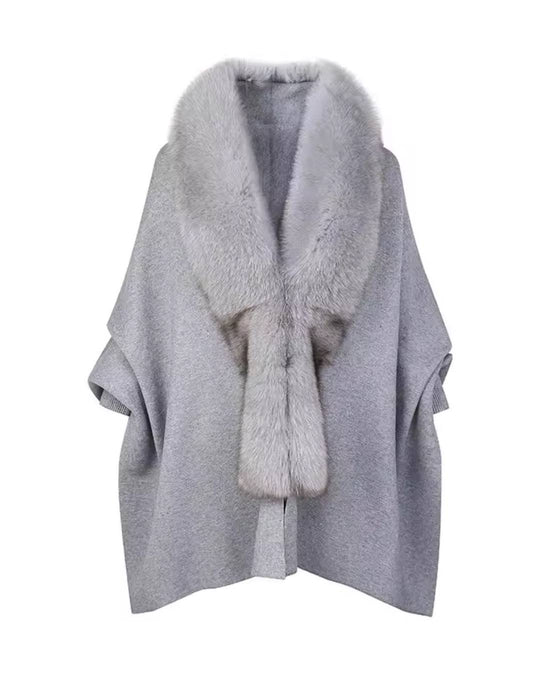 Loose Fox Fur Collar Knitted Poncho