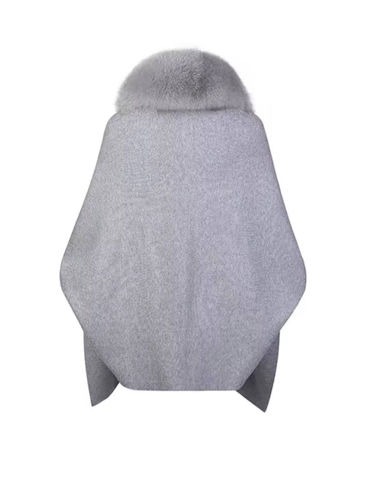 Loose Fox Fur Collar Knitted Poncho