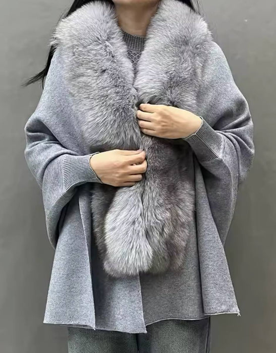 Loose Fox Fur Collar Knitted Poncho