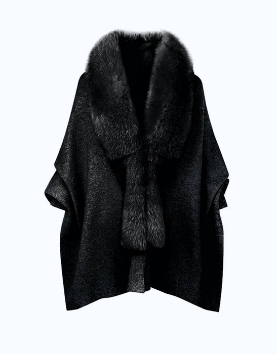 Loose Fox Fur Collar Knitted Poncho