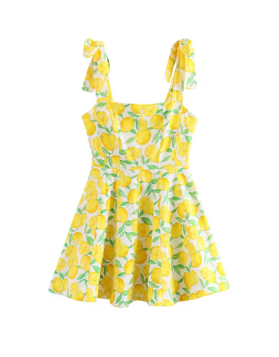 Lemon Print Yellow Mini Linen Dress - BEYAZURA.COM