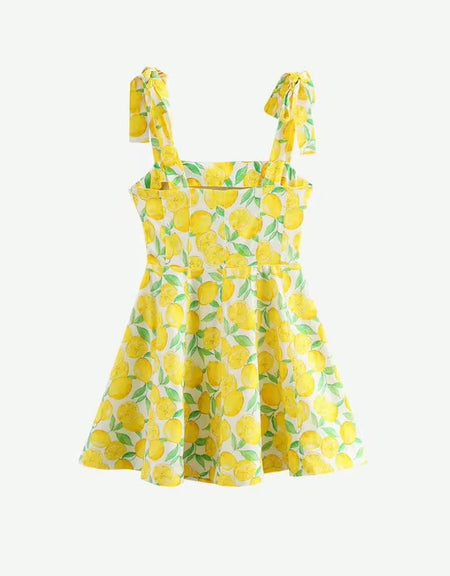 Lemon Print Yellow Mini Linen Dress - BEYAZURA.COM