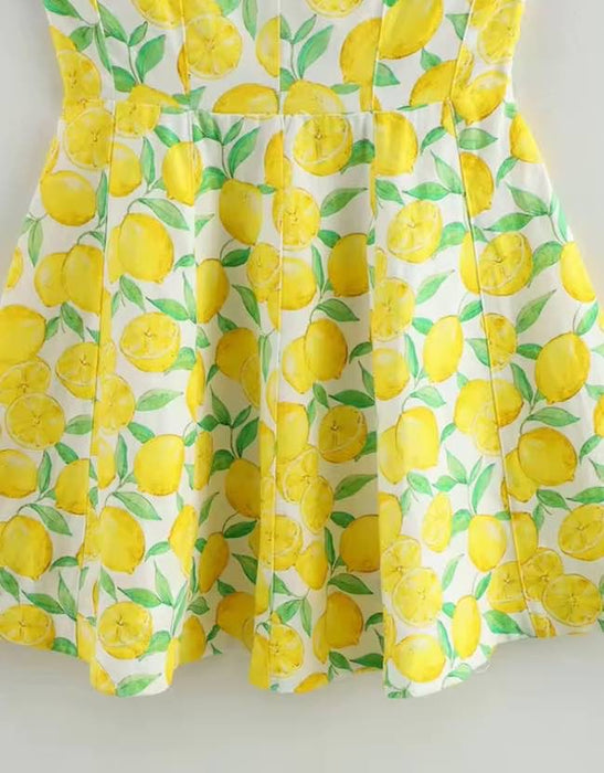 Lemon Print Yellow Mini Linen Dress - BEYAZURA.COM