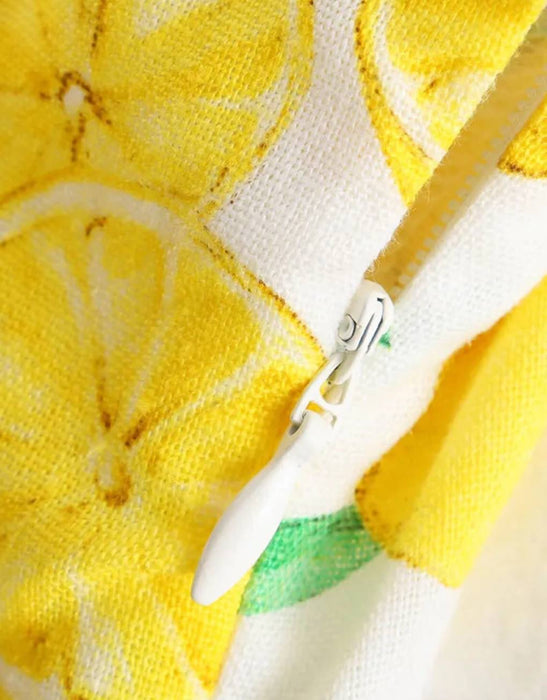 Lemon Print Yellow Mini Linen Dress - BEYAZURA.COM