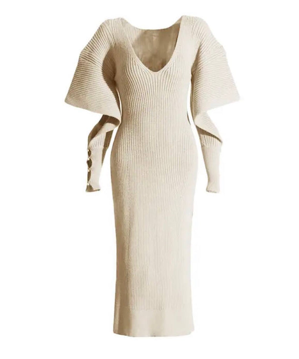 Frill Open Sleeve Midi Knit Dress - BEYAZURA.COM