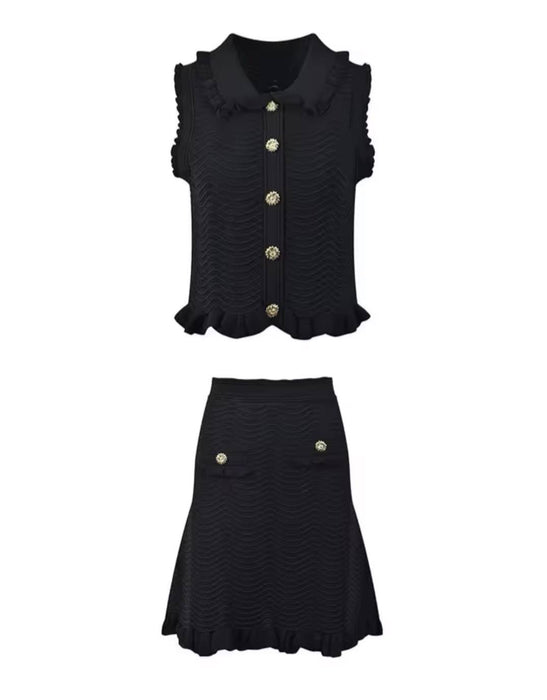 Two Piece Short Skirt And Collared Top Knit Set