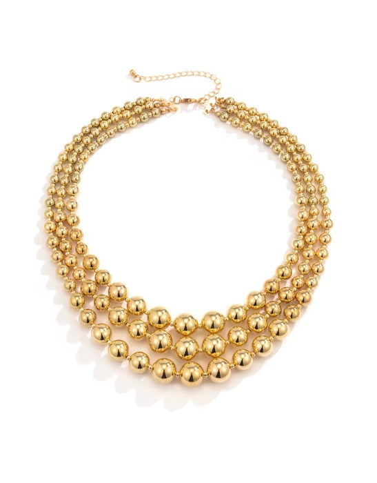 Gold Metal Beaded Triple Layer Necklace