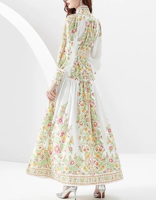 Flower Print Belted Chiffon Long Dress - BEYAZURA.COM