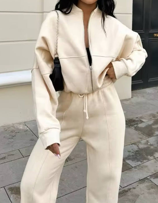 
Beige Tracksuit With Pants And Matching Zip Up Cardigan - BEYAZURA.COM