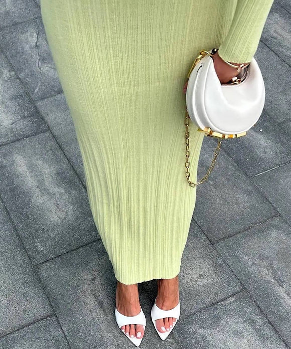 Long Sleeve Stripe Thin Knit Long Dress