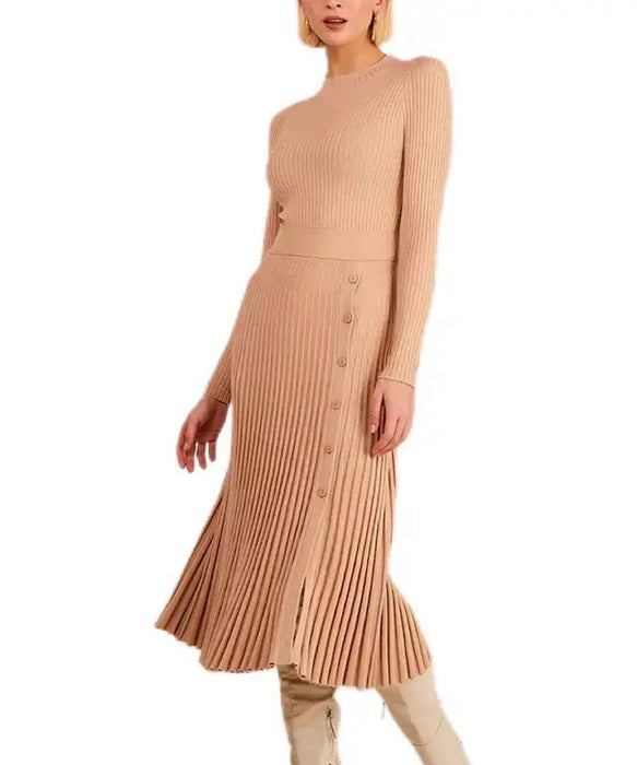 Turtleneck Stripe Knit Button Slit Dress