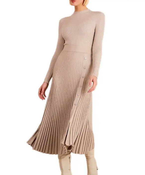 Turtleneck Stripe Knit Button Slit Dress