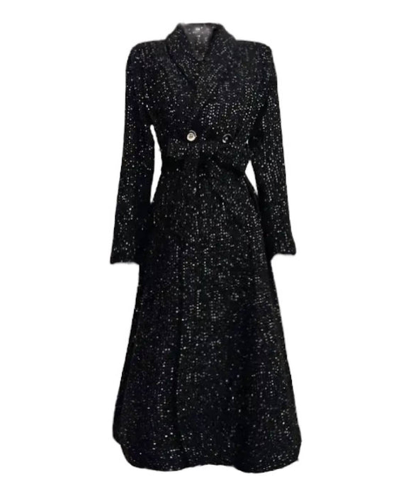 Woolen Tweed Sequin Long Lapel Midi Coat