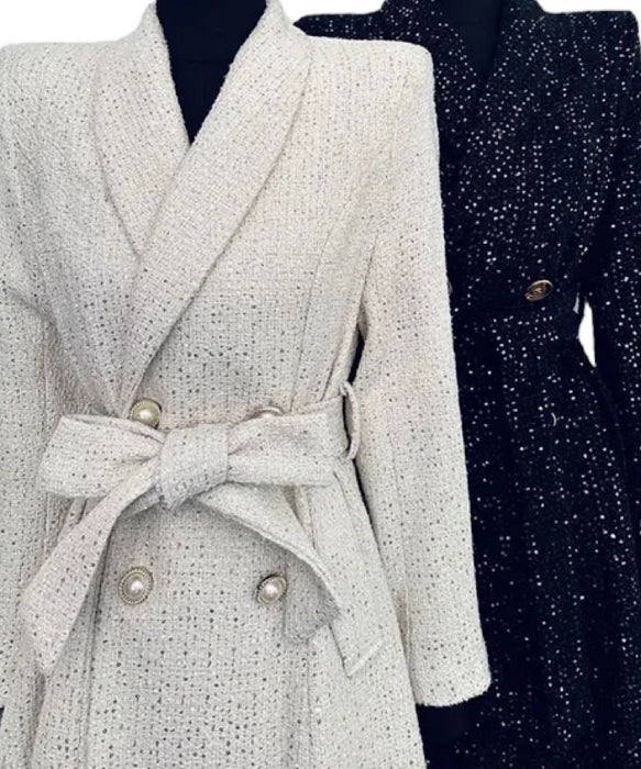 Woolen Tweed Sequin Long Lapel Midi Coat