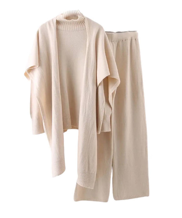 Turtleneck Sweater Shawl And Pants Three Piece Knit Set