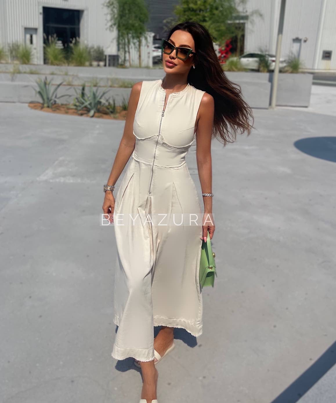 Zipper Neck Line Long A-Line Skirt Dress– Beyazura.com