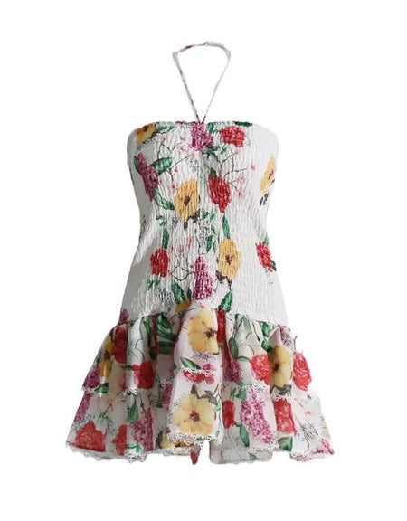 Printed Elastic Layered Mini Dress - BEYAZURA.COM