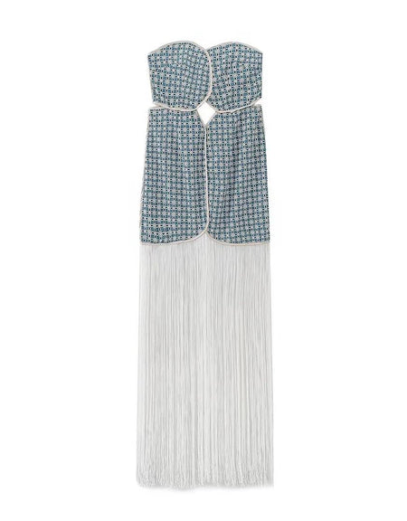 Cutout Tassel Strapless Blue Dress - BEYAZURA.COM