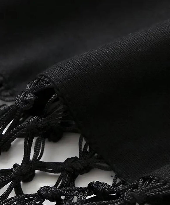 Fringe Skirt Halter Linen Dress In Black - BEYAZURA.COM