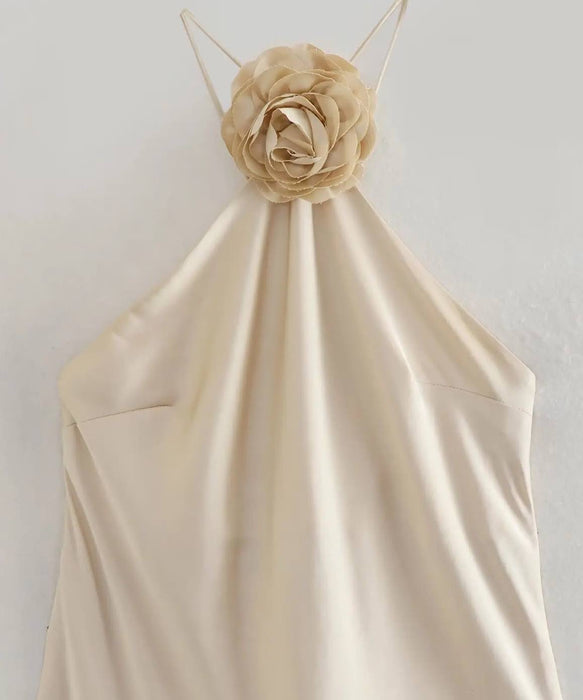 Halter Neck Flower Detail Satin Long Dress - BEYAZURA.COM