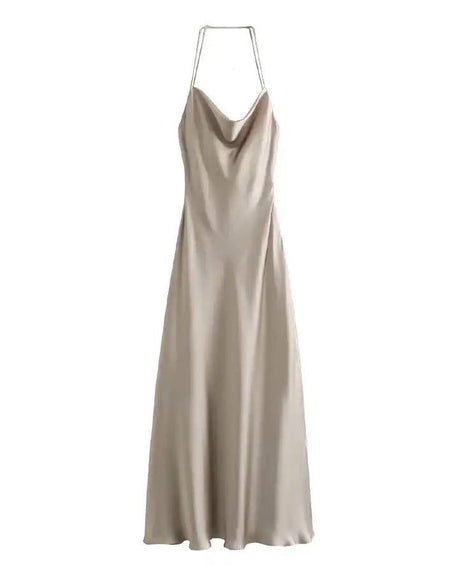 Draped Long Backless Satin Dress - BEYAZURA.COM