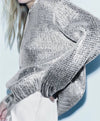 Metallic Silver Rib Trimmed Hoodie Sweater - BEYAZURA.COM