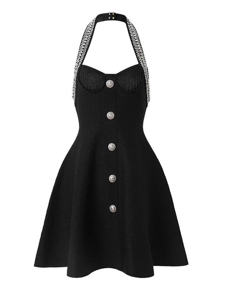 Crystal Halter Neck Flared Knitted Black Dress - BEYAZURA.COM
