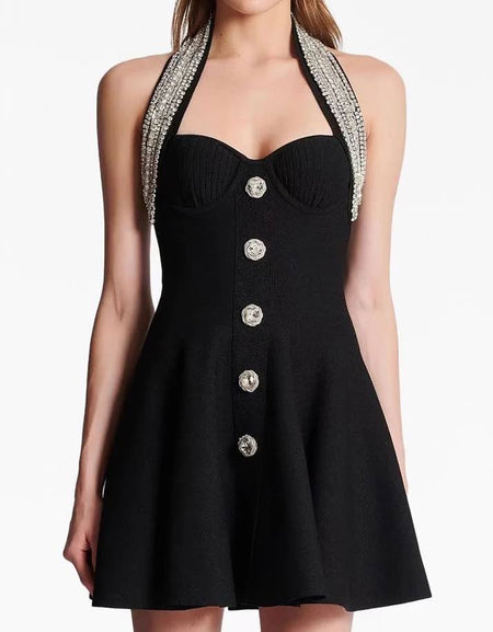 Crystal Halter Neck Flared Knitted Black Dress - BEYAZURA.COM