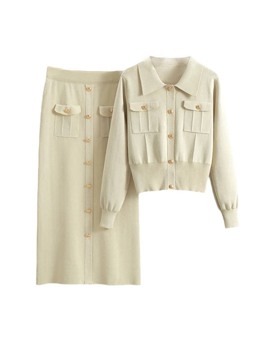 Knit Pocket Shirt And Skirt Two Piece Set - BEYAZURA.COM