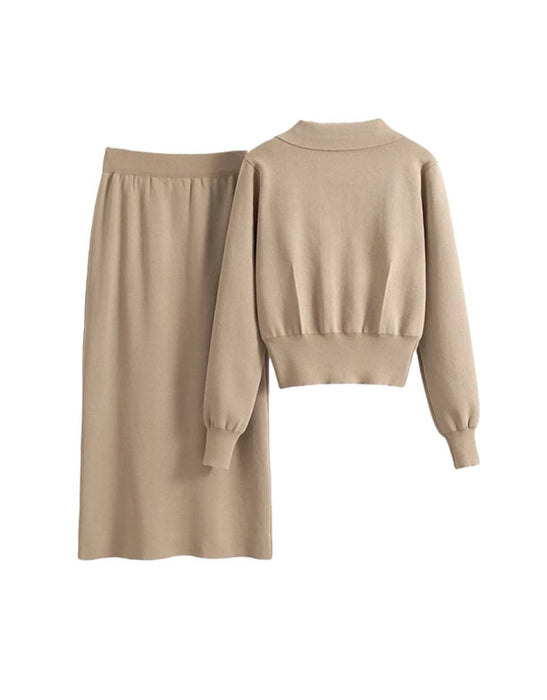 Knit Pocket Shirt And Skirt Two Piece Set - BEYAZURA.COM