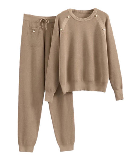 Pearl Button Pants With Sweatshirt Knit Set - BEYAZURA.COM