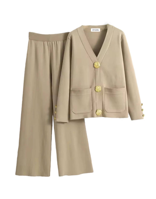 Gold Button Long Sleeve Sweater And Pants Set