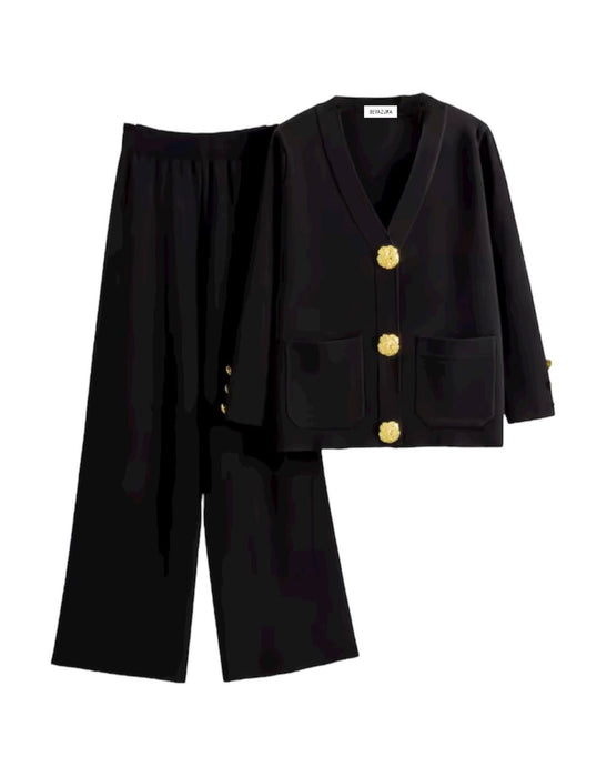 Gold Button Long Sleeve Sweater And Pants Set