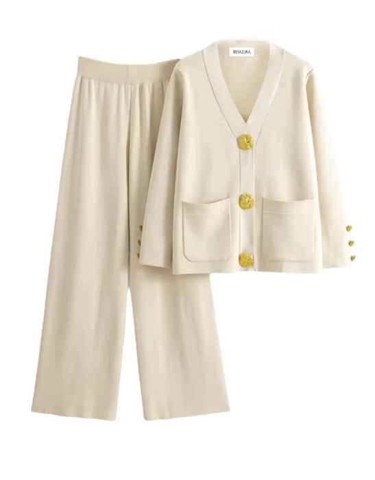 Gold Button Long Sleeve Sweater And Pants Set